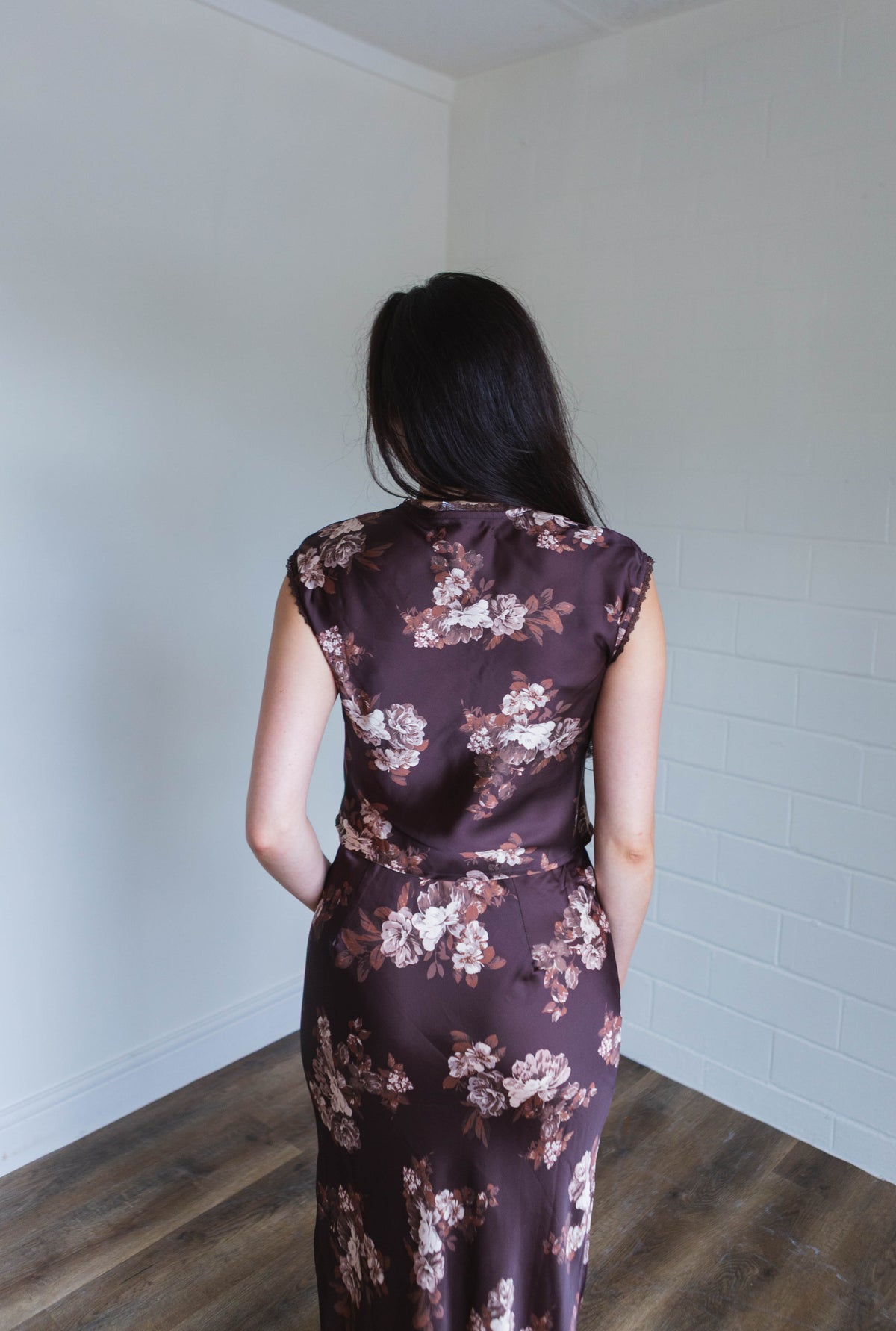 Brown & Cream Floral Satin V Neck Top