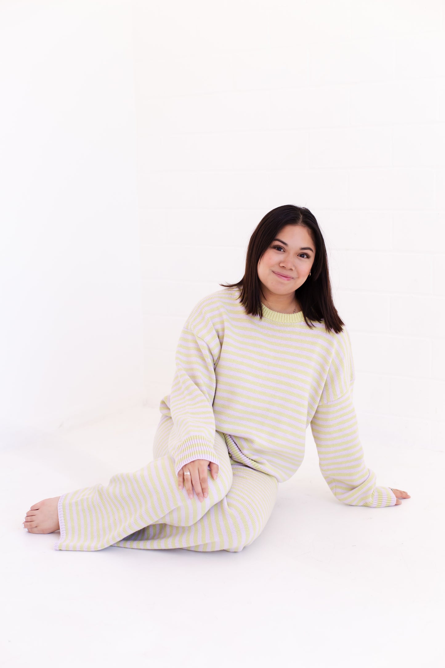 Long Sleeve Crew Neck Stripe Sweater With Wide Leg Pants