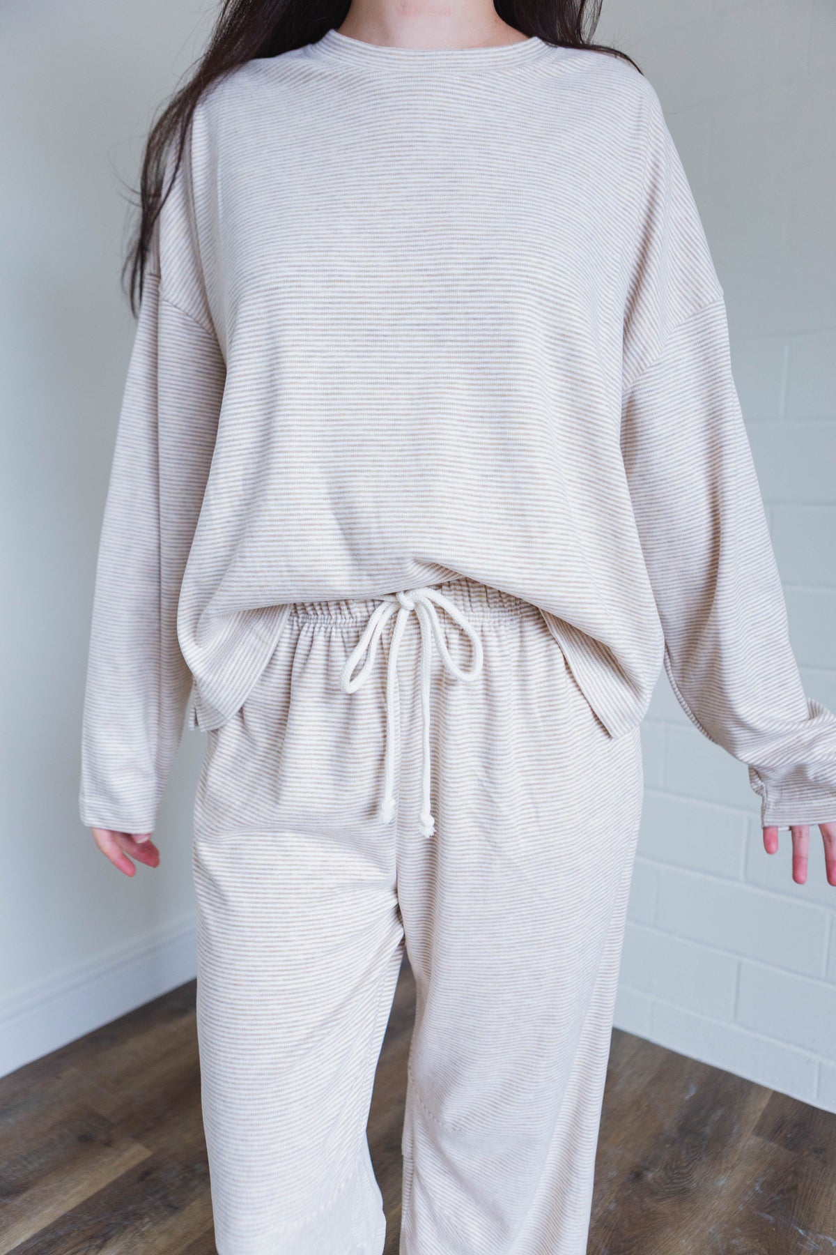 Taupe & Cream Striped Knit Top & Pants Set