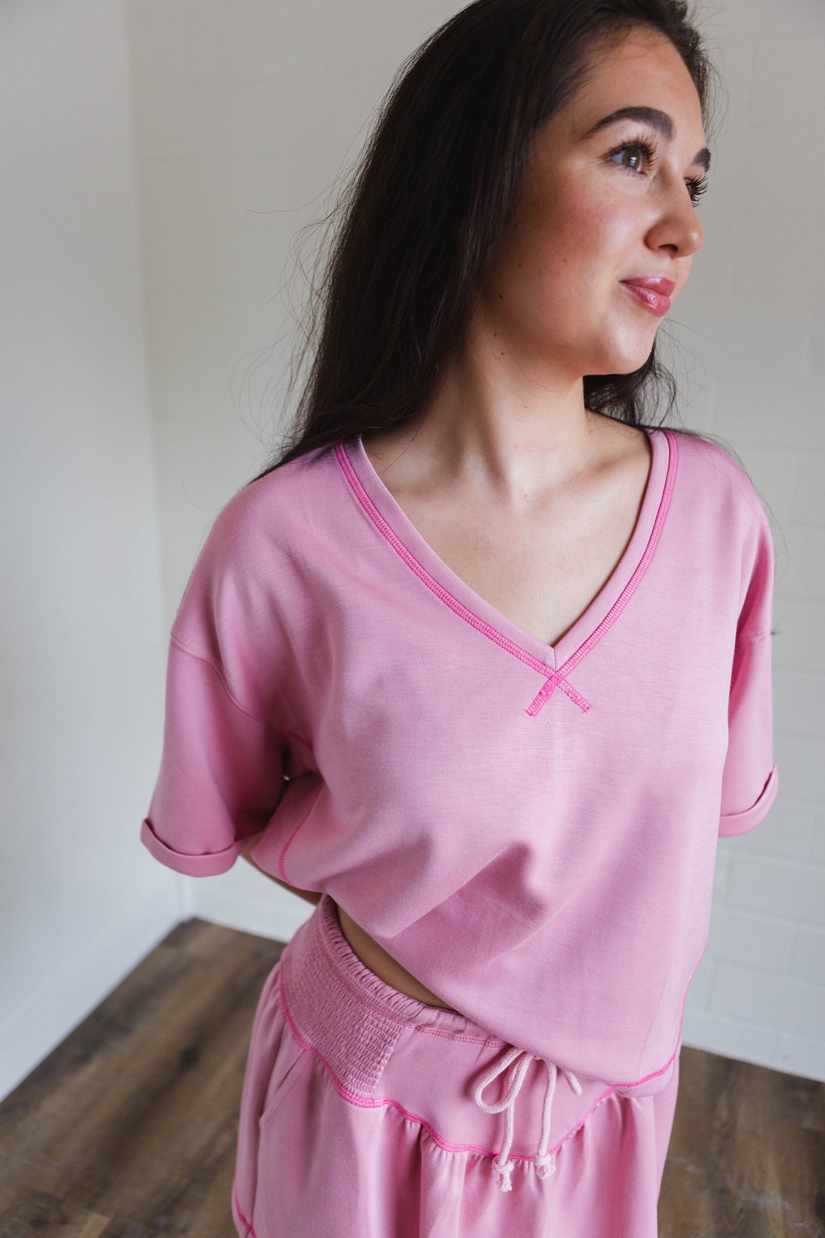 Soft Knit V-Neck Short Sleeve Set in Light Pink