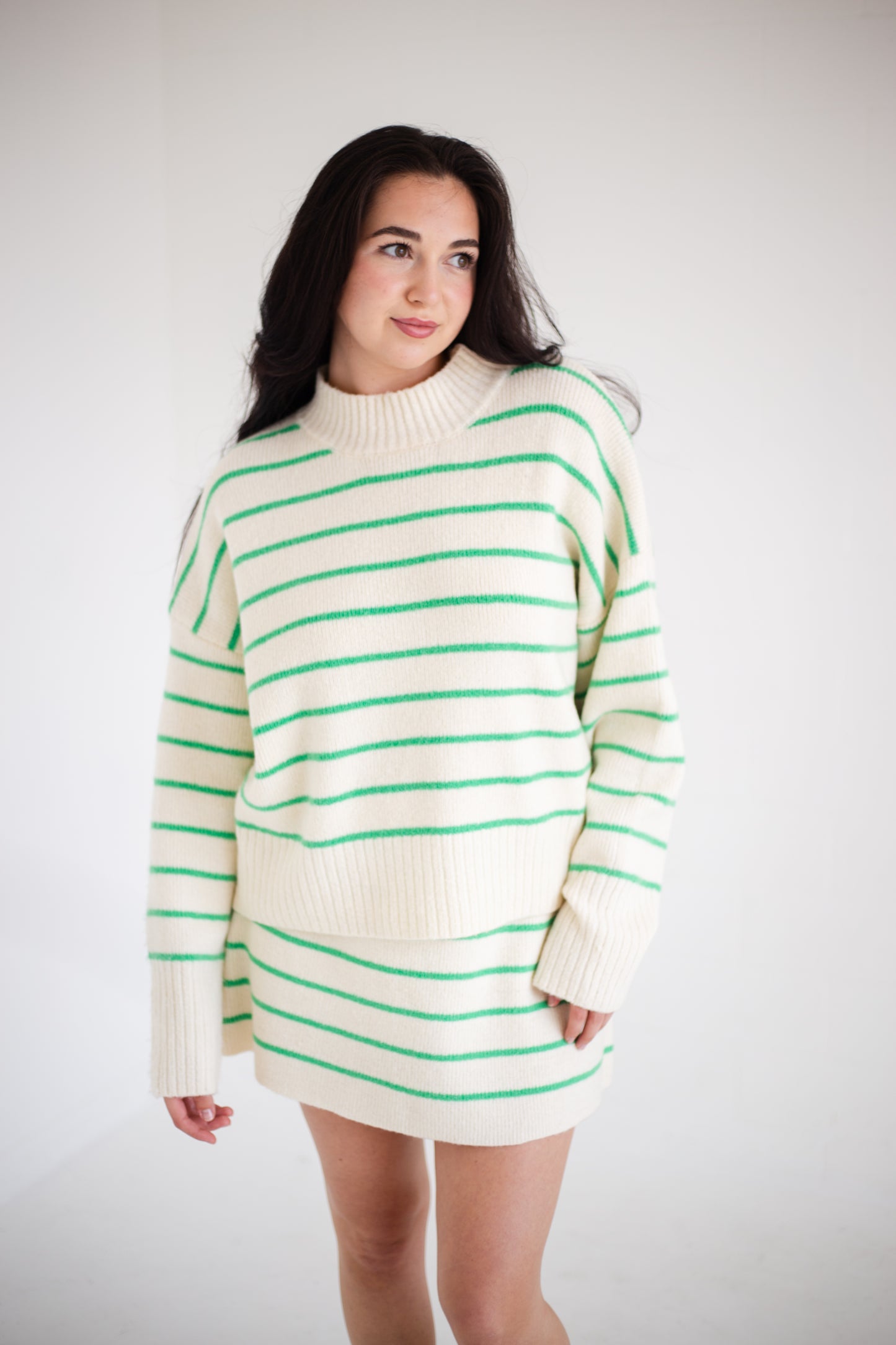 Cream & Green Striped Sweater Skirt