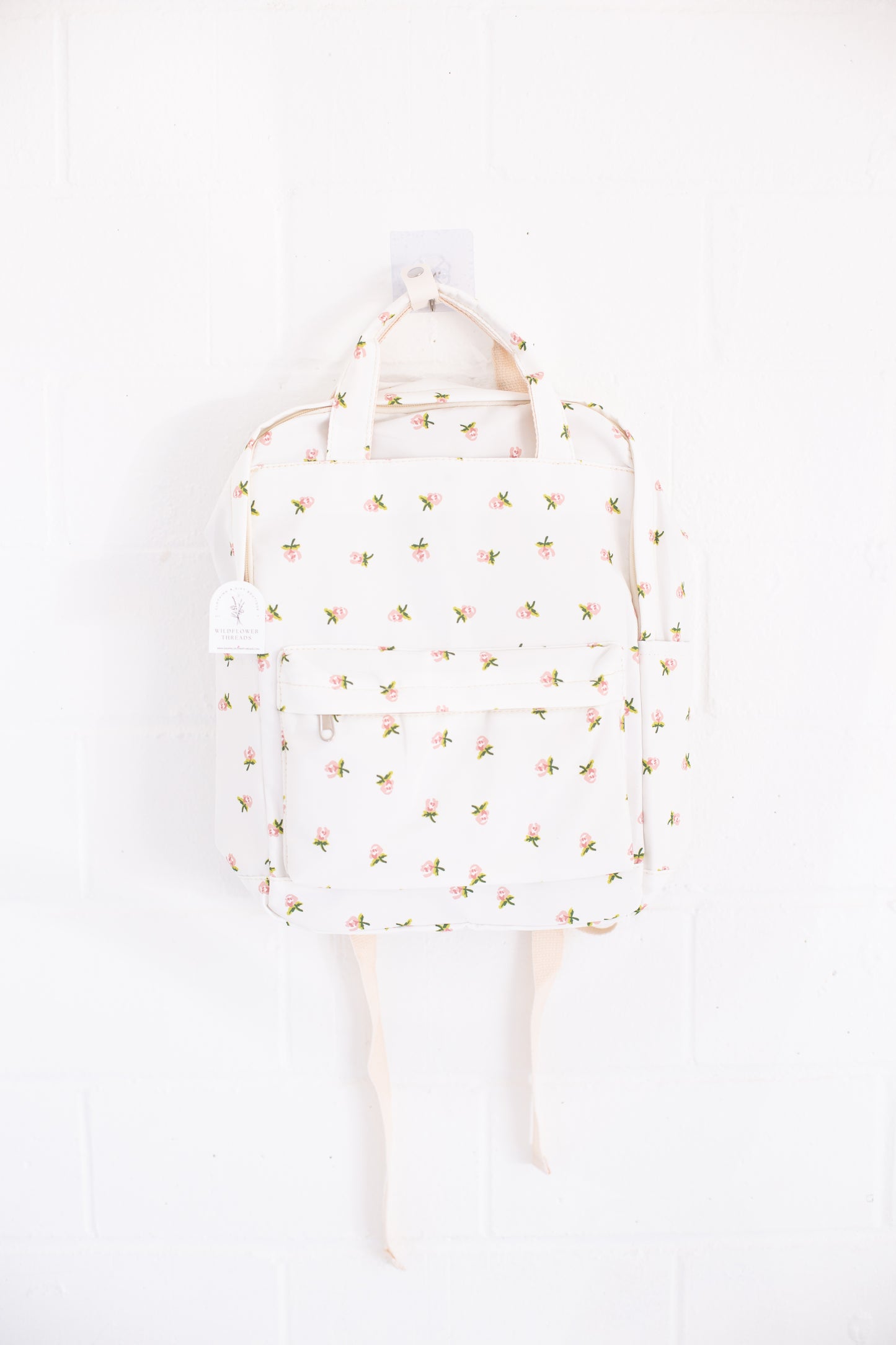 Cream Rose Print Canvas Backpack