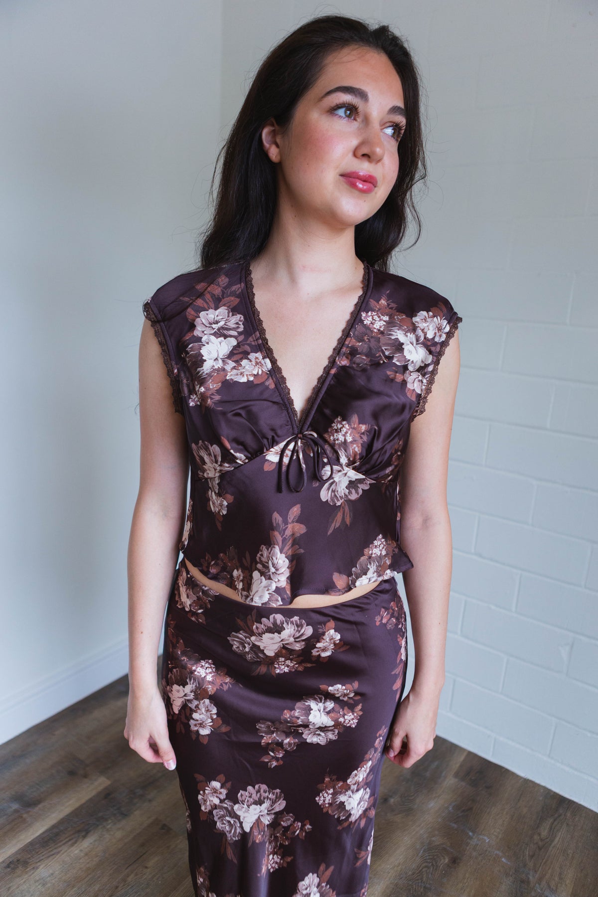 Brown & Cream Floral Satin V Neck Top