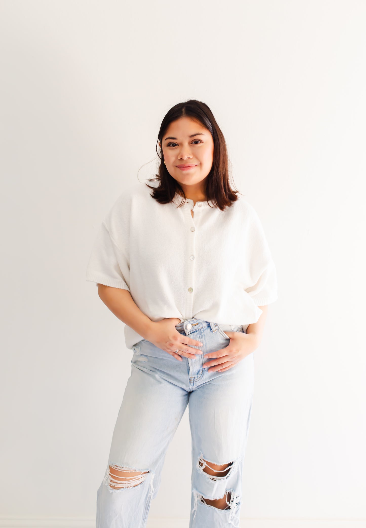 White Short Sleeve Crew Neck Sweater Cardigan