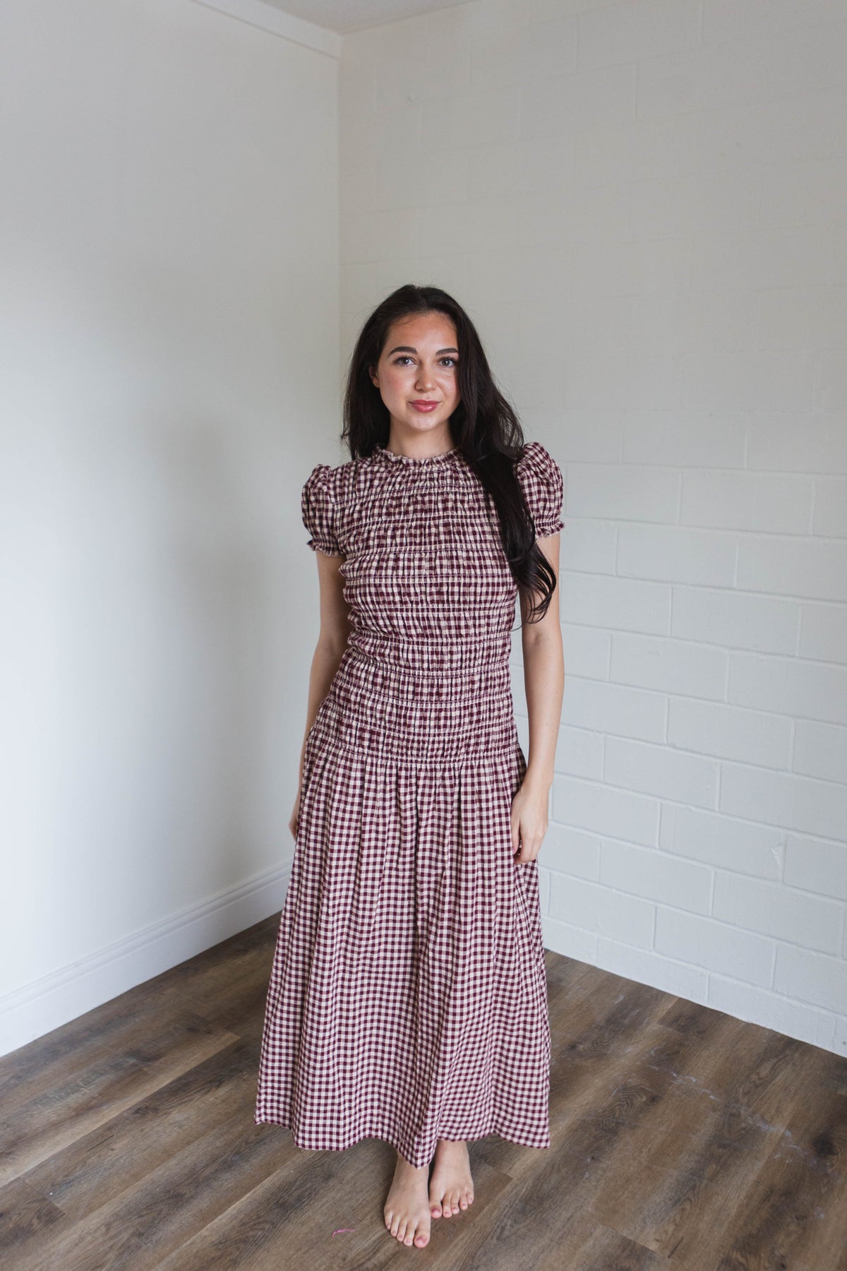 Burgundy Taupe Gingham Maxi Dress