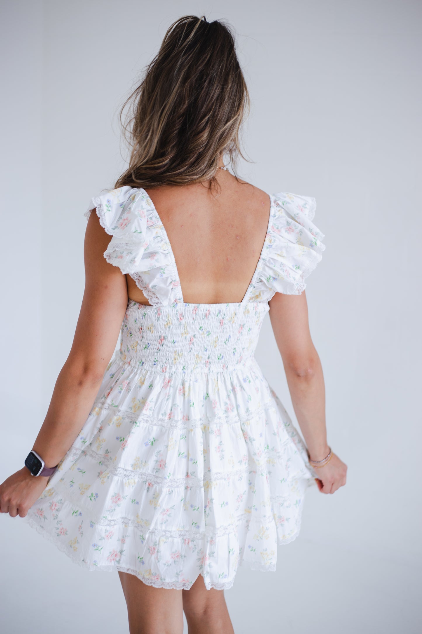 Peach Multi Floral Print Smocked Tiered Mini Dress