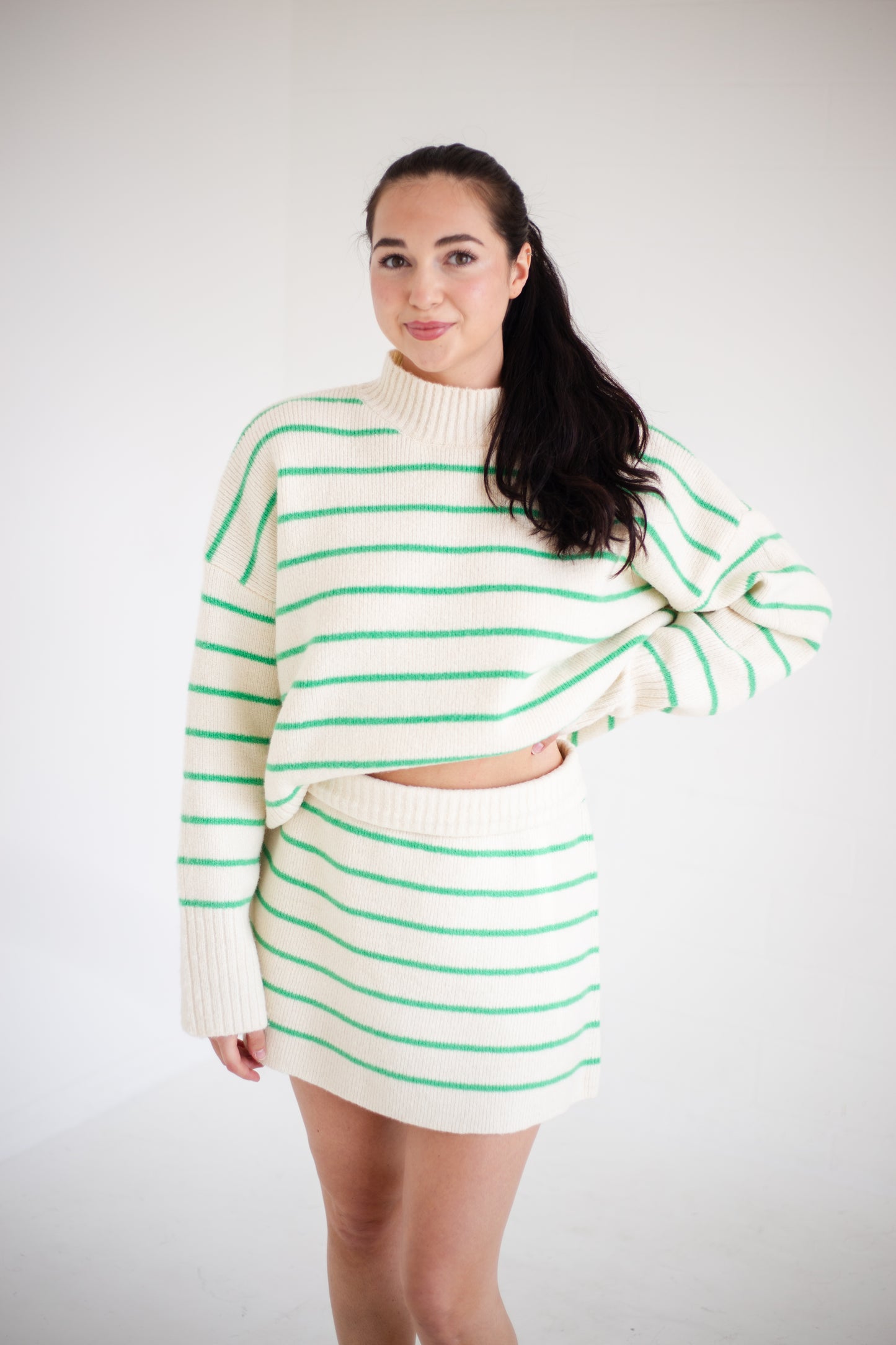 Cream & Green Striped Sweater Skirt