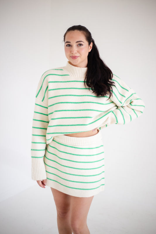 Cream & Green Striped Sweater Skirt