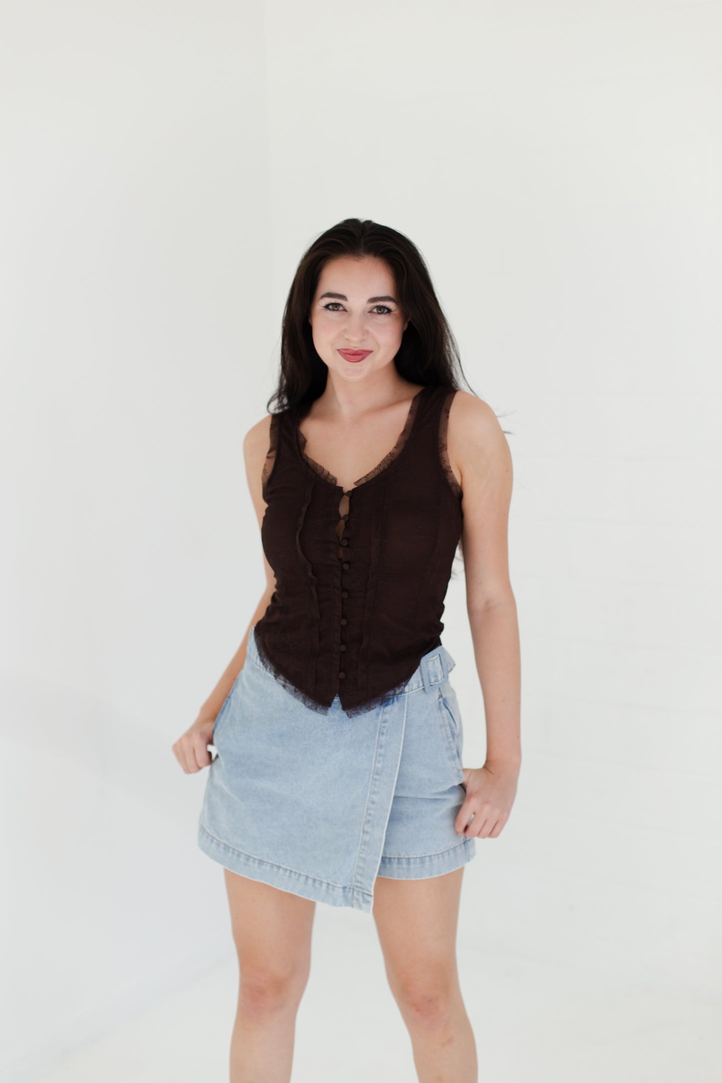 Chocolate Mesh Lace Button Down Sleeveless Top