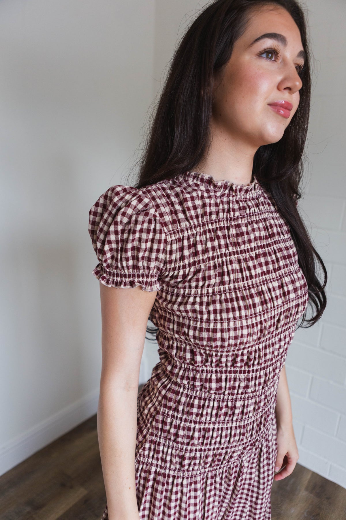 Burgundy Taupe Gingham Maxi Dress