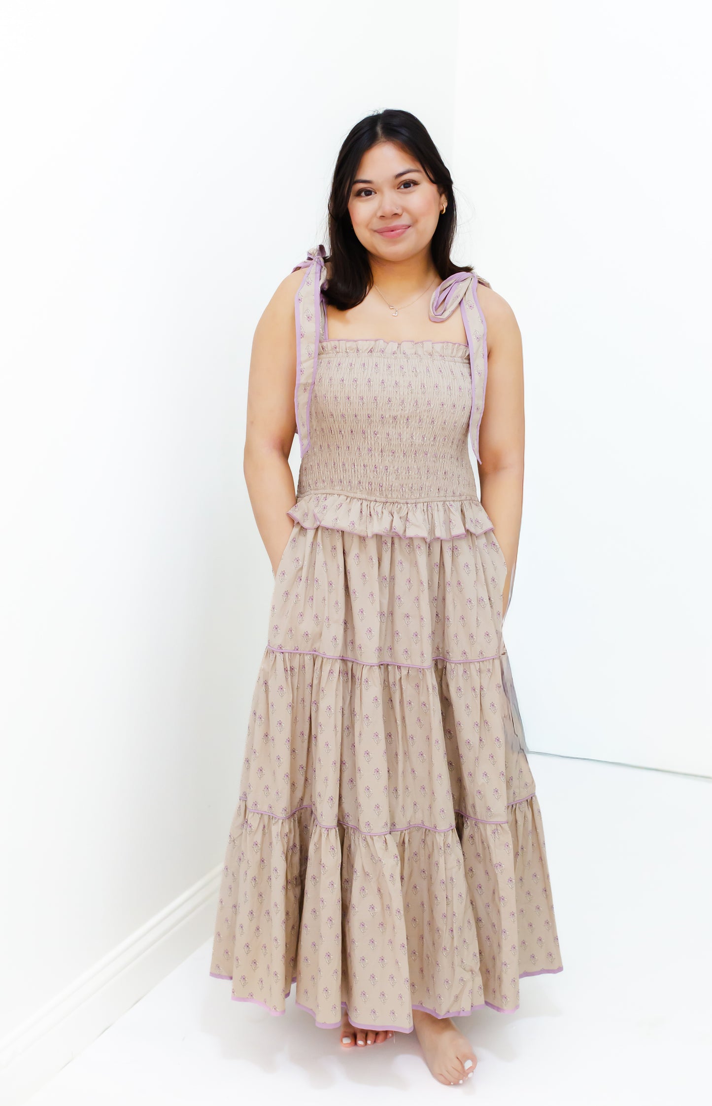 Taupe Floral Smocked Bodice Tiered Midi Dress