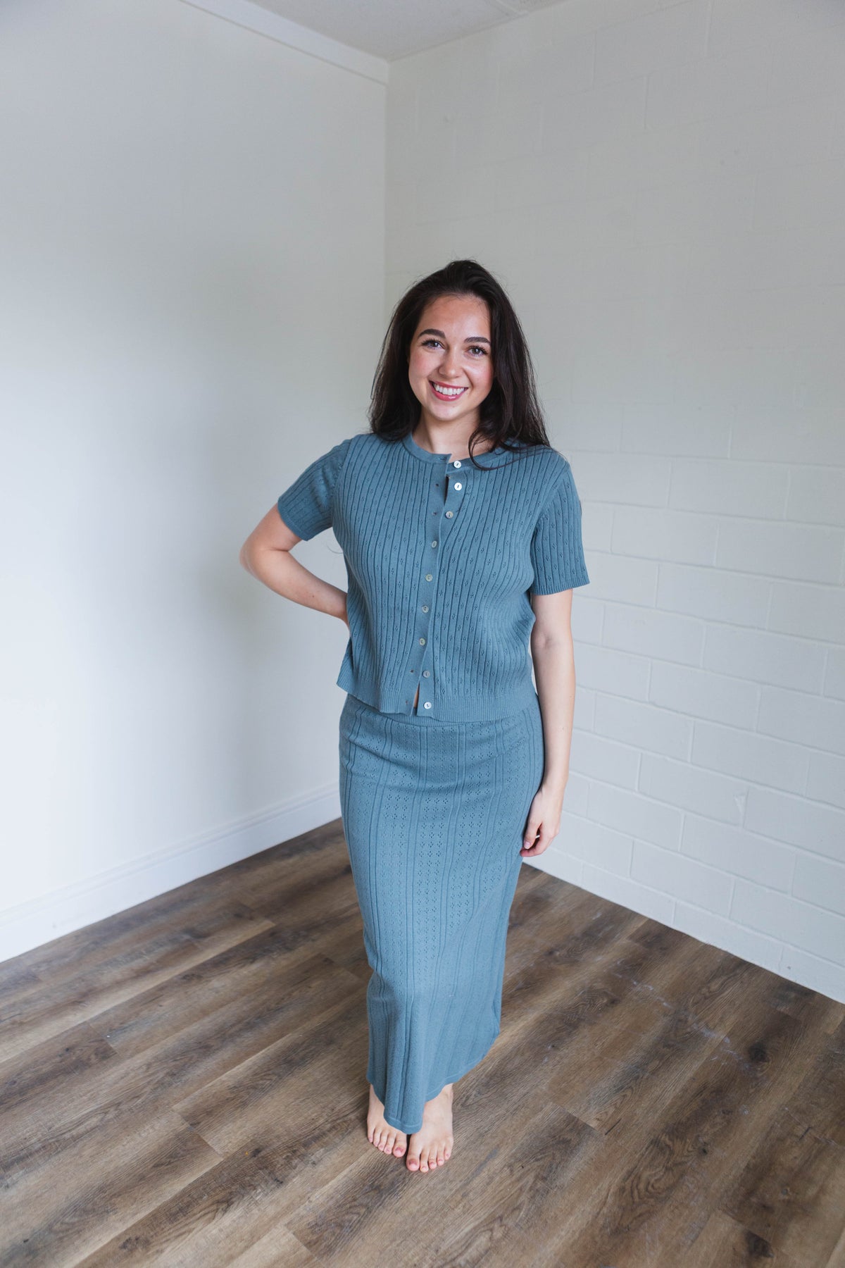 Teal Ribbed Button Top Midi Skirt Set