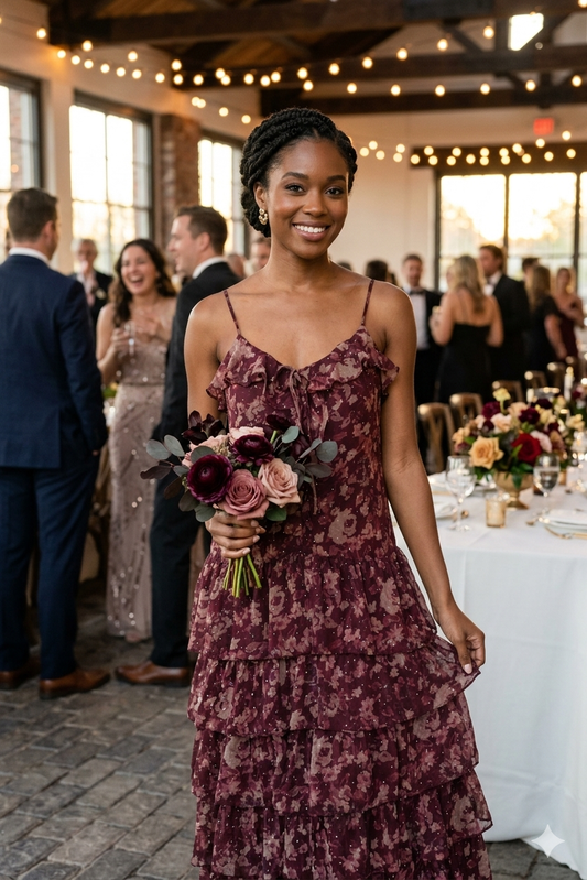 Wine Floral Print Ruffle Tiered Maxi