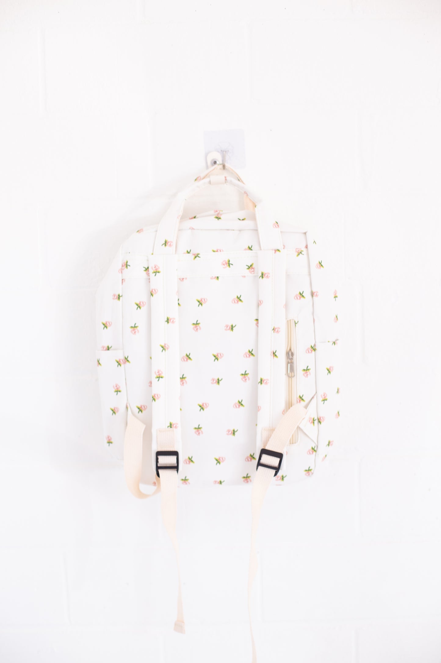 Cream Rose Print Canvas Backpack