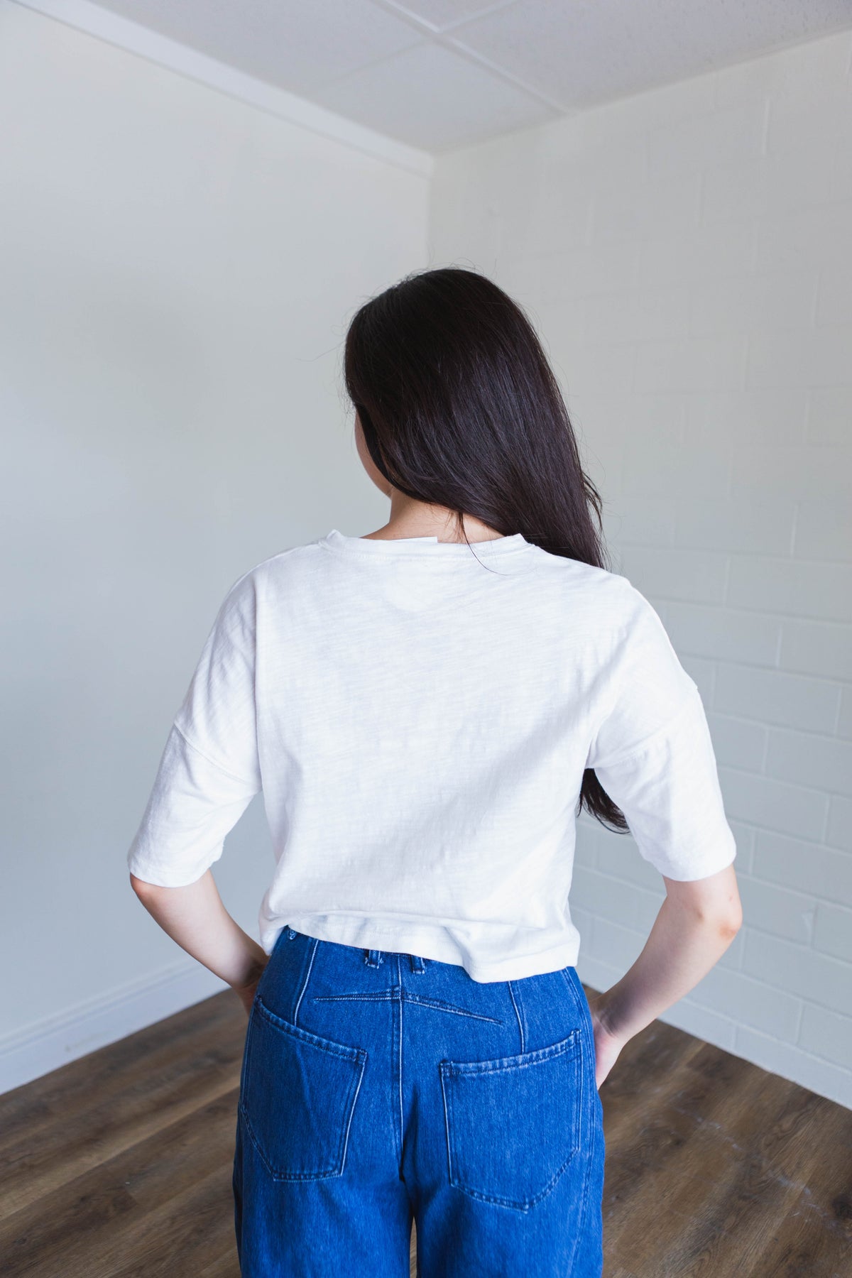White Button Down Round Neck Half Sleeve Top