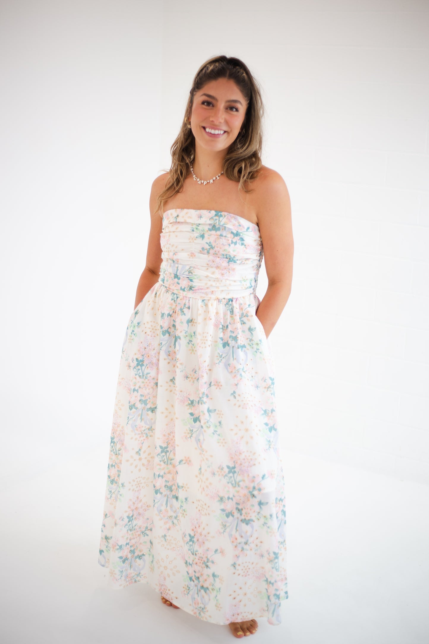 Spring Bloom Floral Lace Runched Maxi Tube Dress