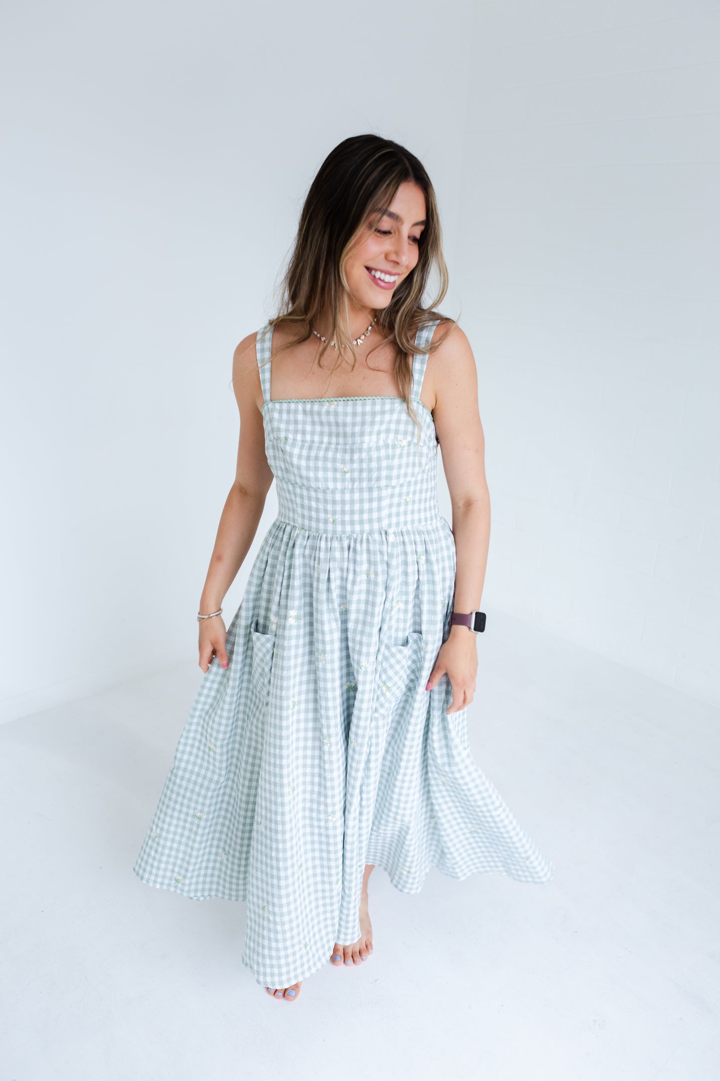 Green Gingham Floral Embroidered Midi Dress