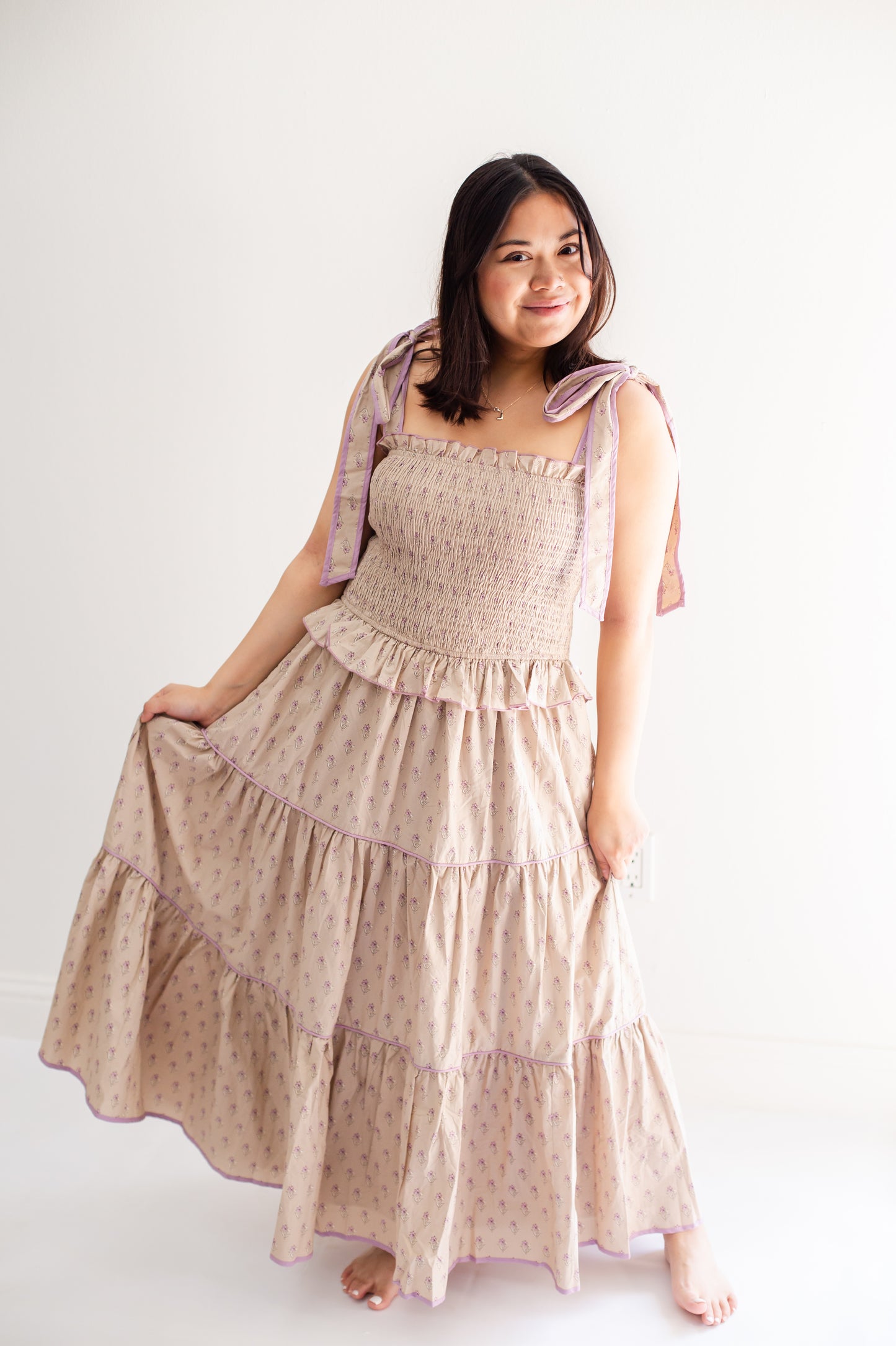 Taupe Floral Smocked Bodice Tiered Midi Dress