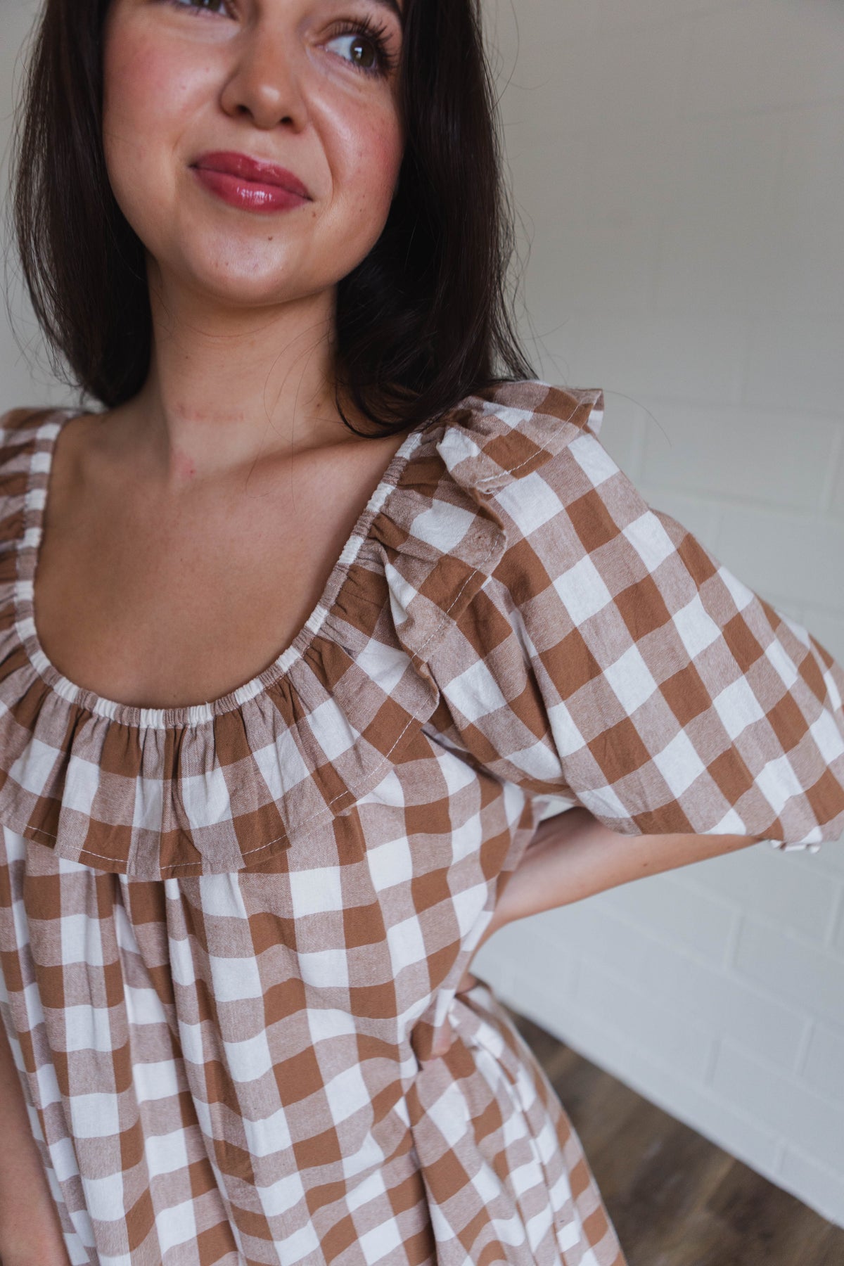 Mocha & White Gingham Ruffled Mini Dress