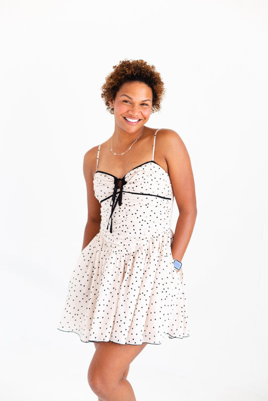 Beige Contrast Dot Smocked Mini Dress with Tie Front