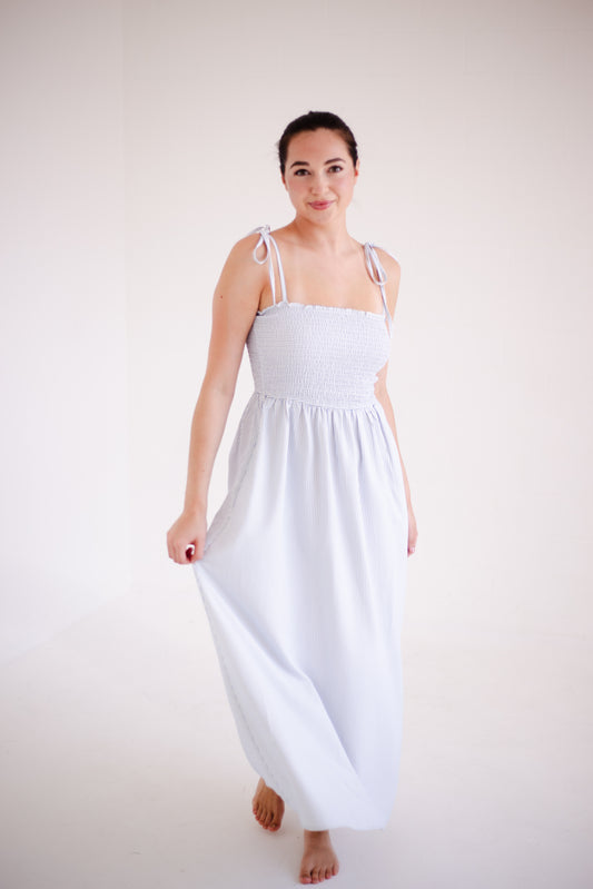 Blue & White Striped Self Tie Shoulder Straps Maxi Dress