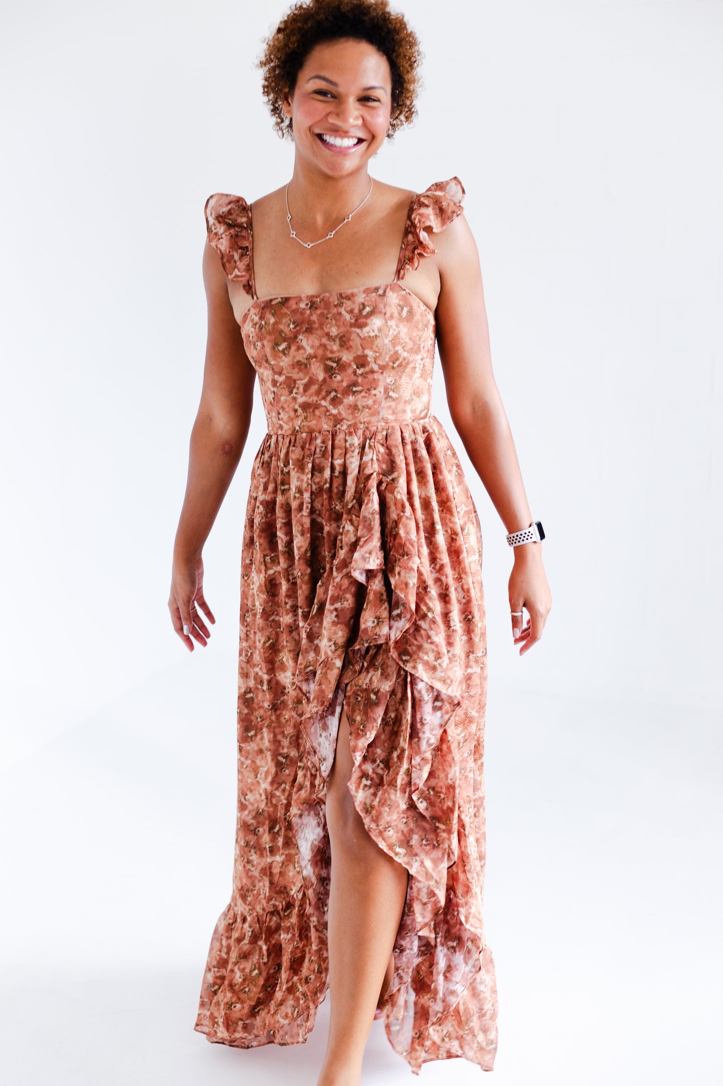 Brown Romantic Floral Print Maxi Dress