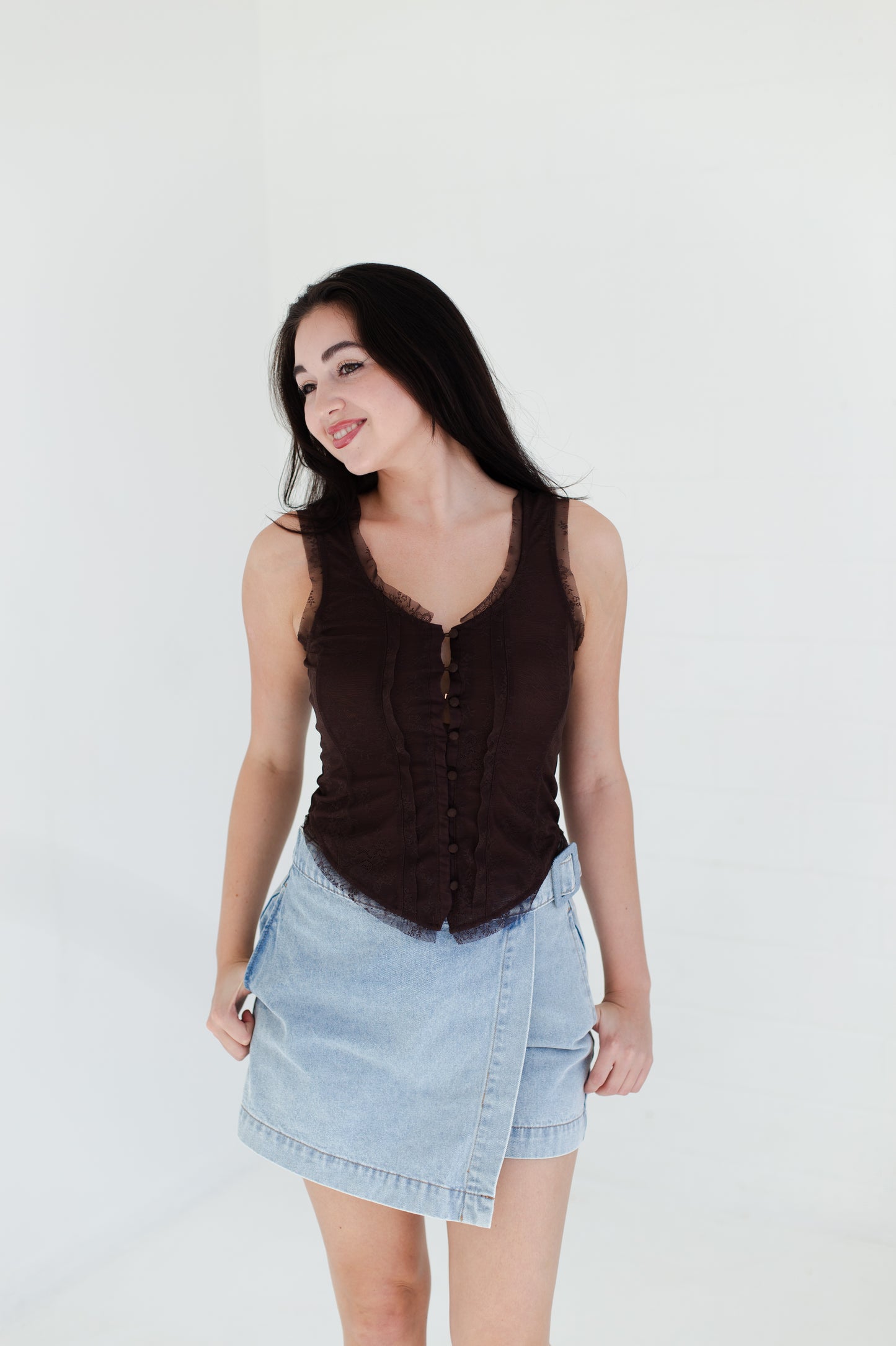 Chocolate Mesh Lace Button Down Sleeveless Top