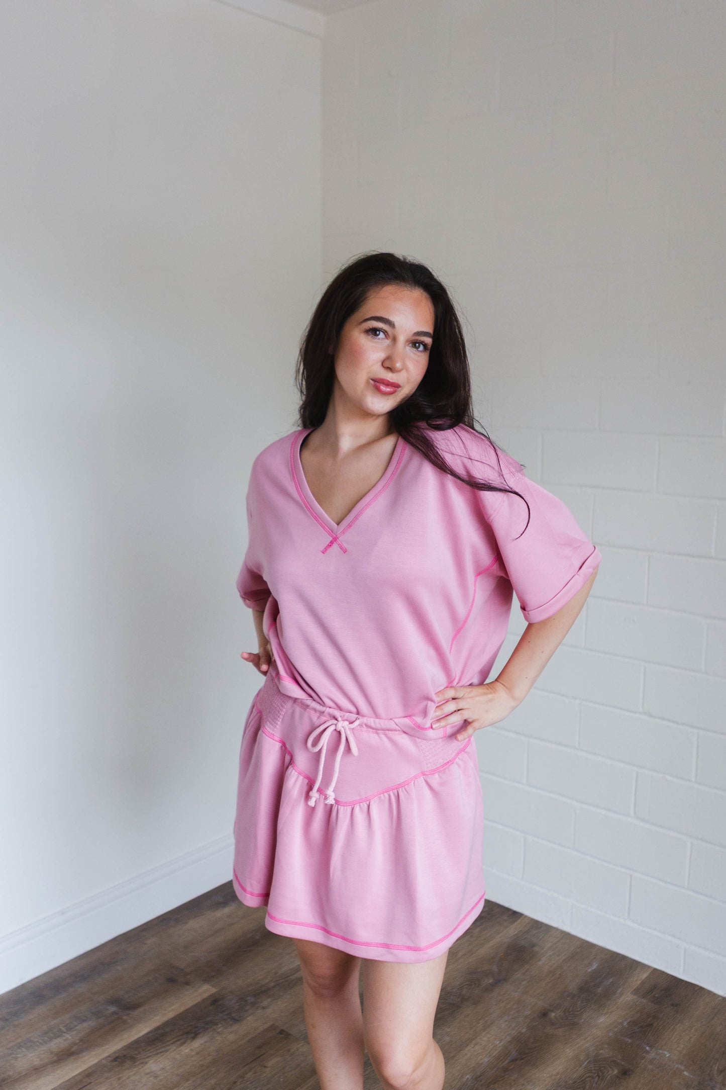Soft Knit V-Neck Short Sleeve Set in Light Pink