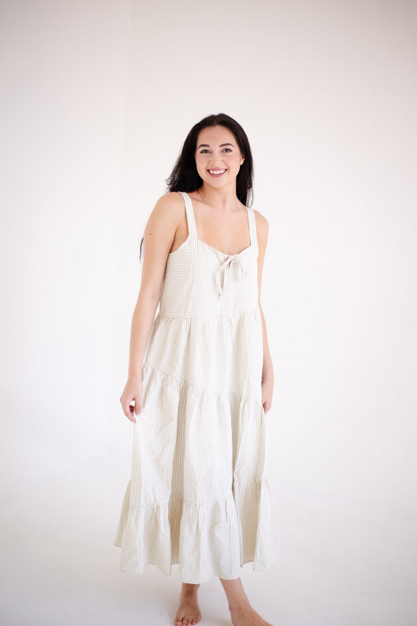 Taupe & Cream Plaid Asymmetrical Tiered Midi Dress