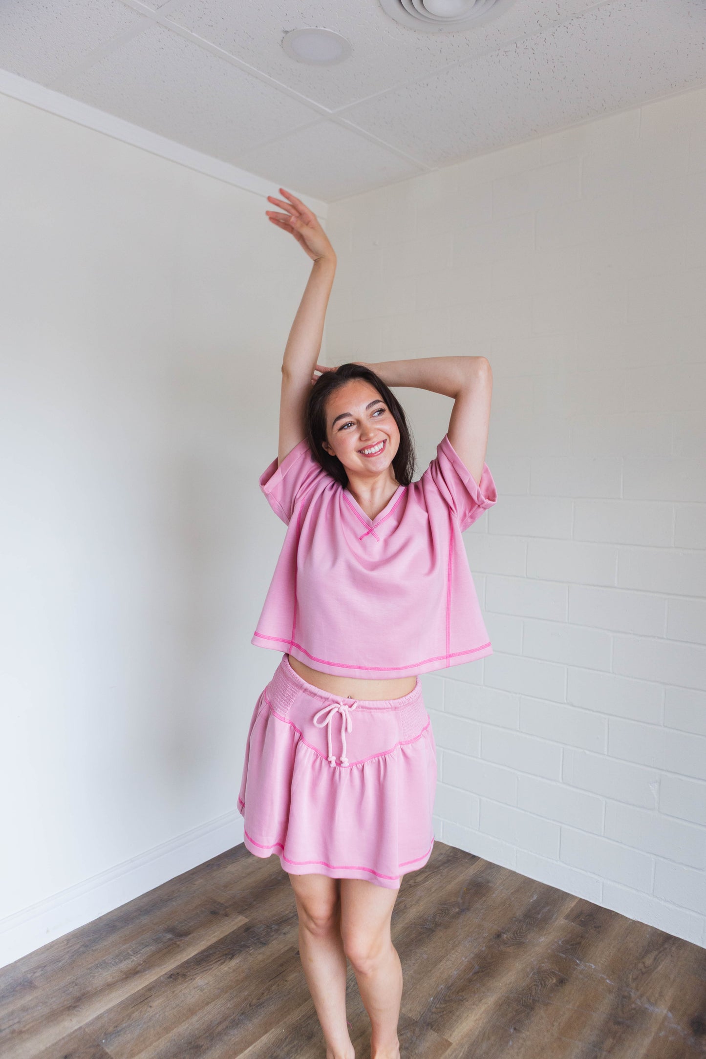 Soft Knit V-Neck Short Sleeve Set in Light Pink
