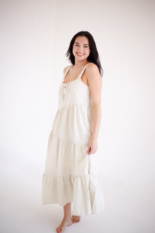 Taupe & Cream Plaid Asymmetrical Tiered Midi Dress