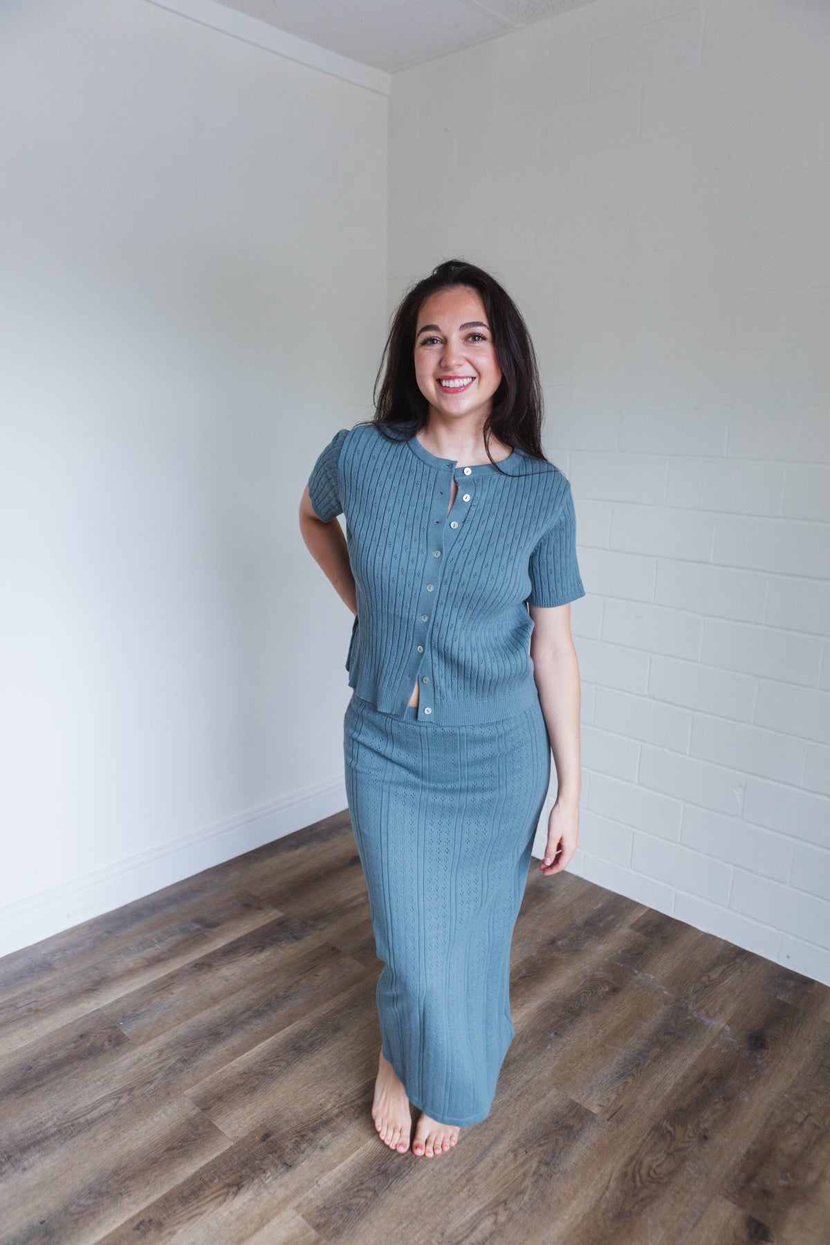 Teal Ribbed Button Top Midi Skirt Set