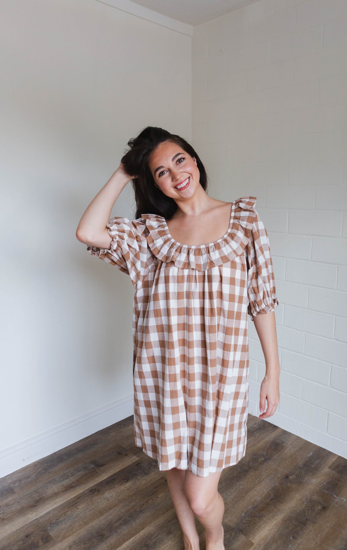 Mocha & White Gingham Ruffled Mini Dress