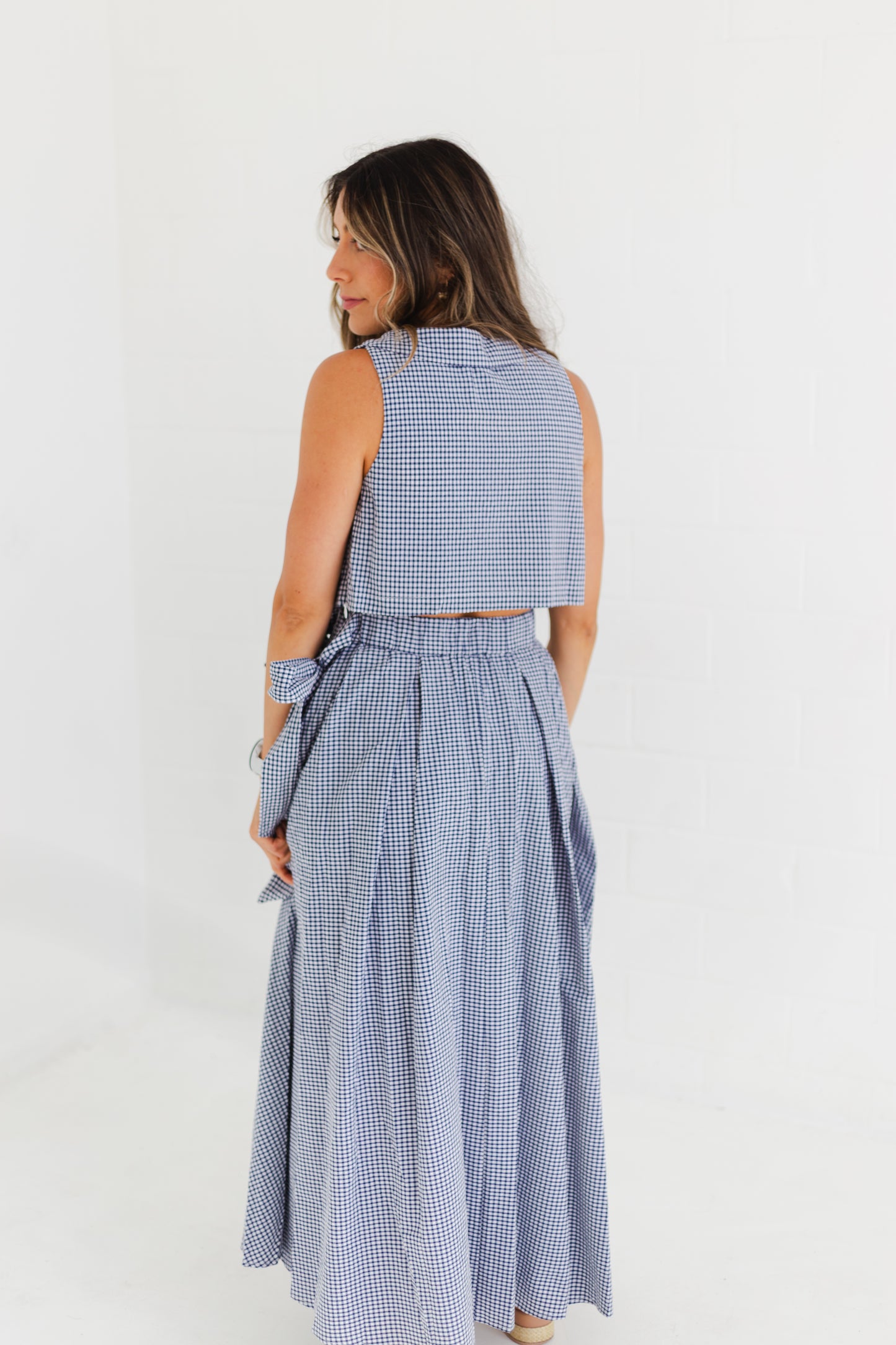 Navy Sleeveless Collar Top & Skirt Set