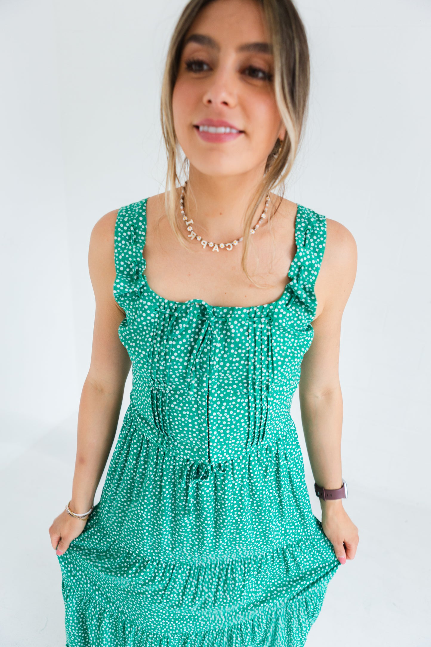 Green & White Daisy Pleated Detailed Floral Top &  Midi Skirt Set