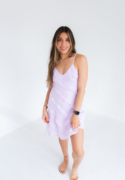 Pale Lilac Textured Bias Cut Ruffled Mini Dress