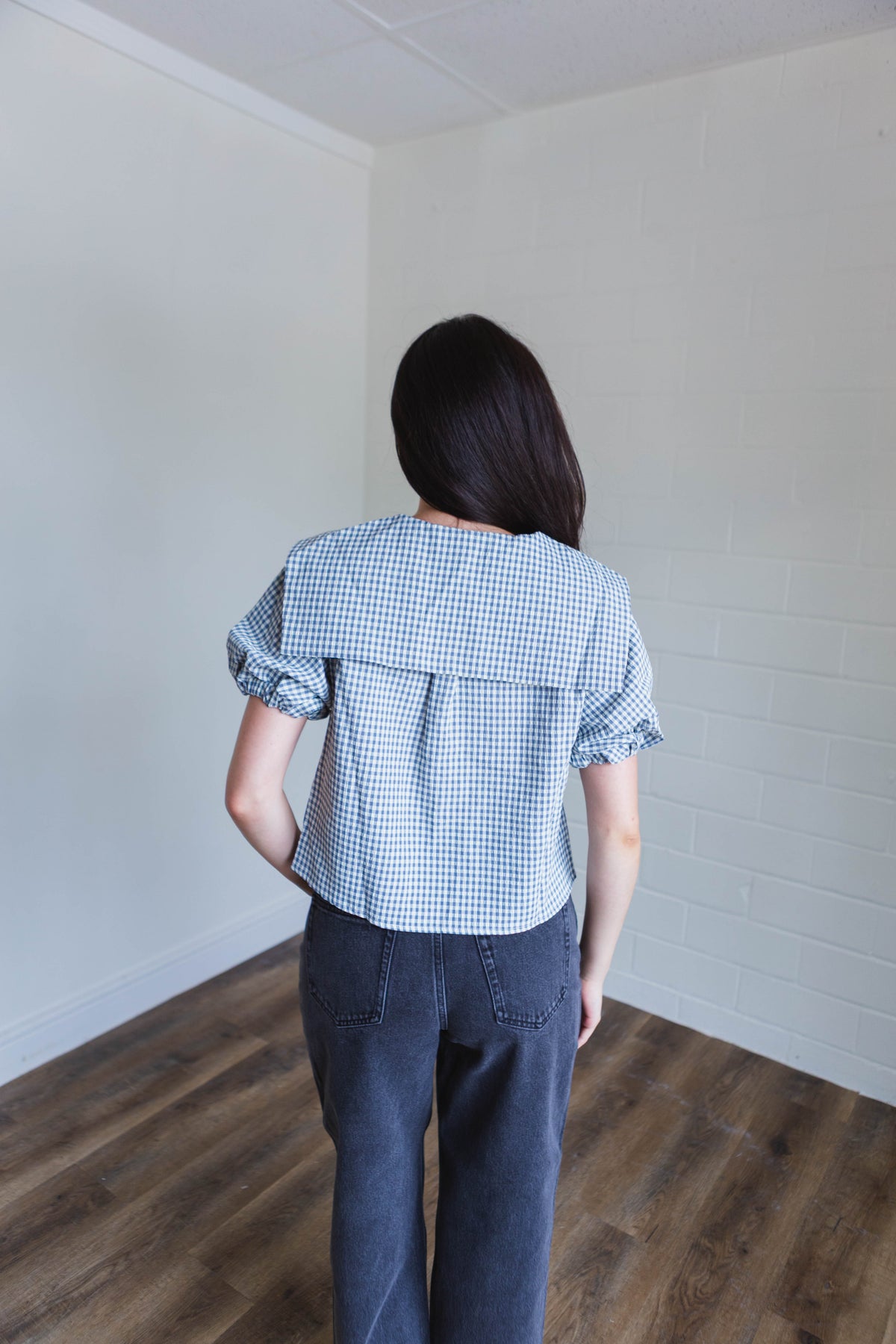 Blue Gingham Patterned Bow Tie Top