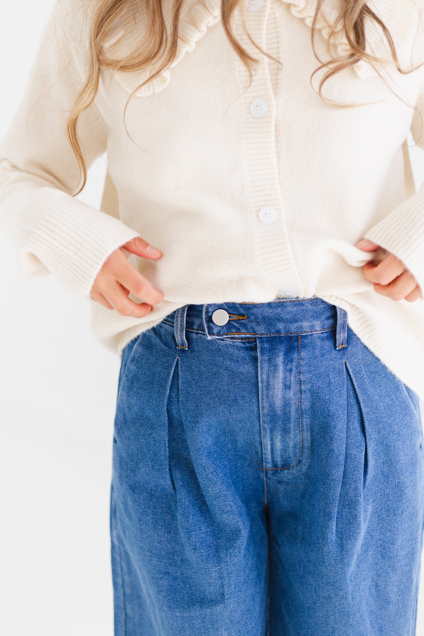 Medium Denim Pleated Wide Leg Denim Trousers