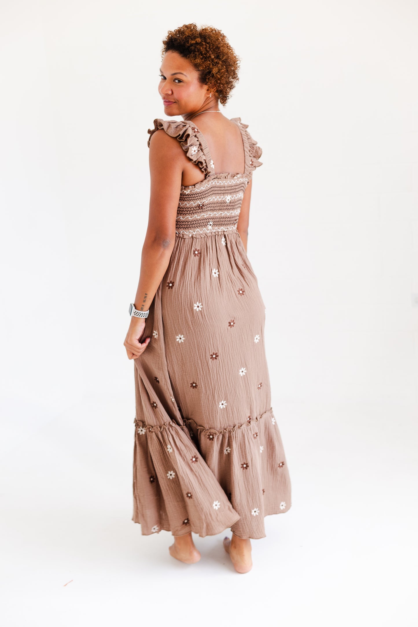 Brown Floral Embroidered Maxi Dress