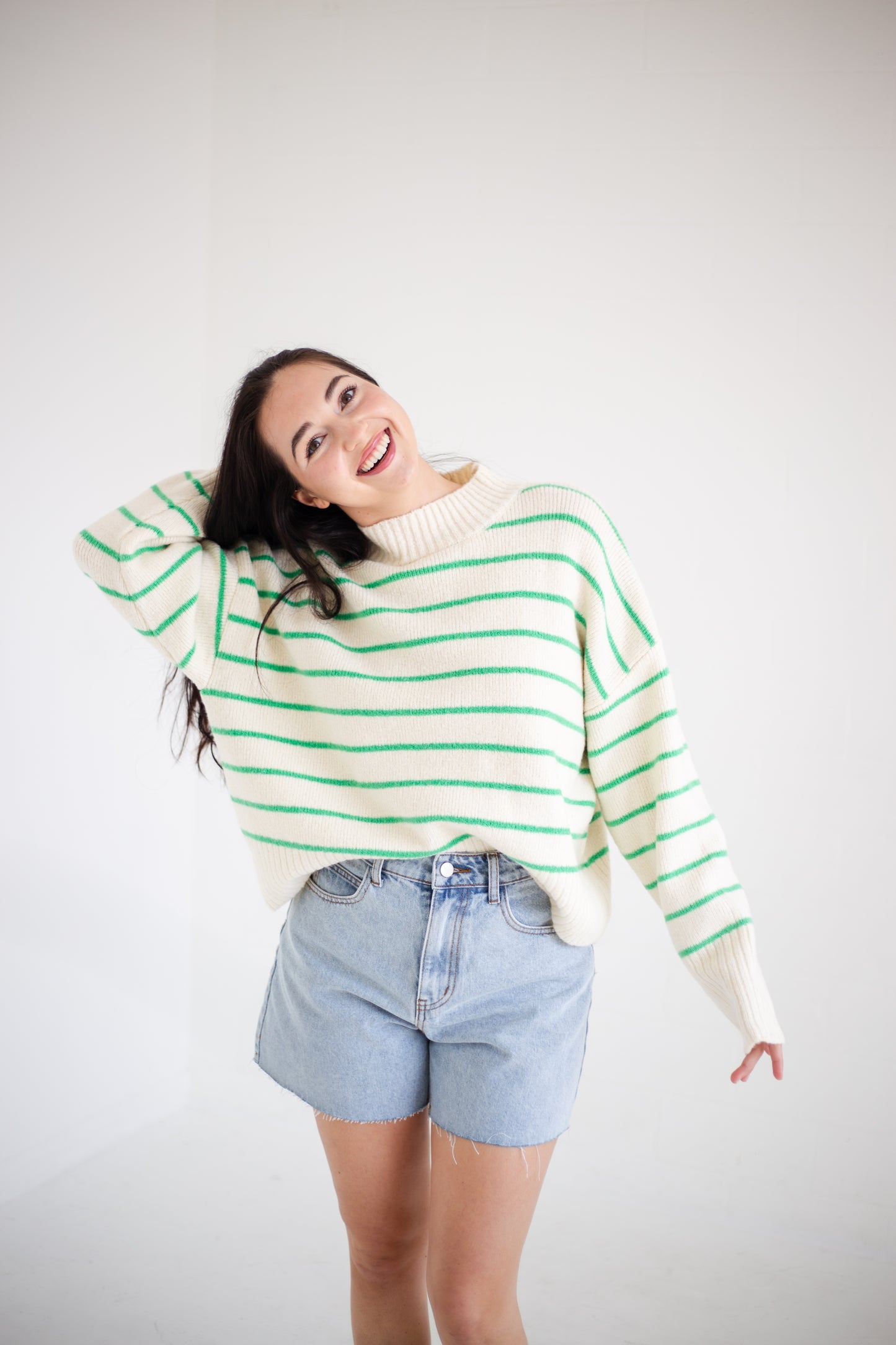 Cream & Green Striped Sweater