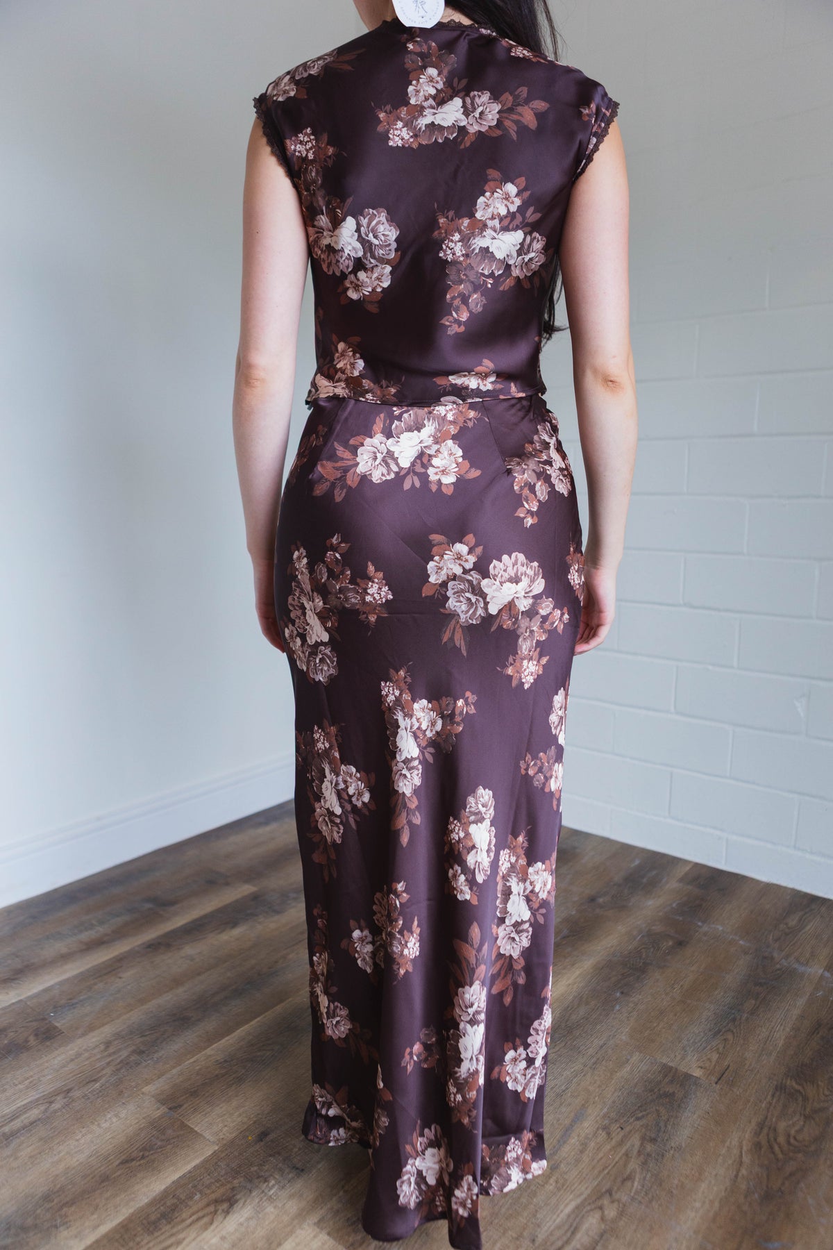 Brown & Cream Floral Satin Maxi Skirt