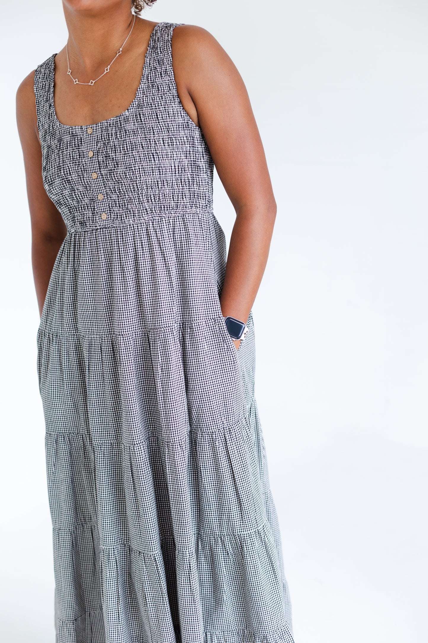 Black & White Gingham Plaid Tiered Midi Dress
