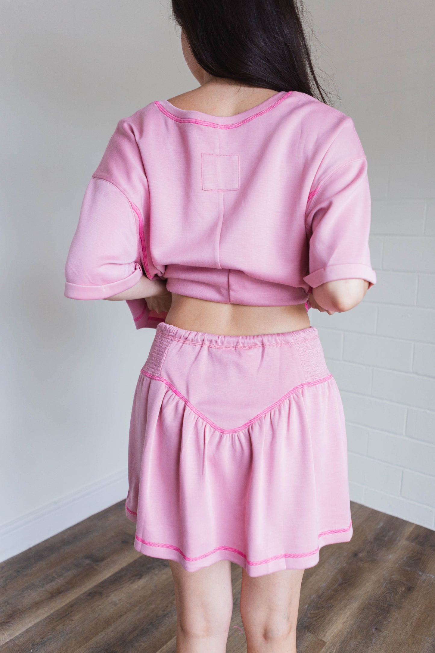 Soft Knit V-Neck Short Sleeve Set in Light Pink