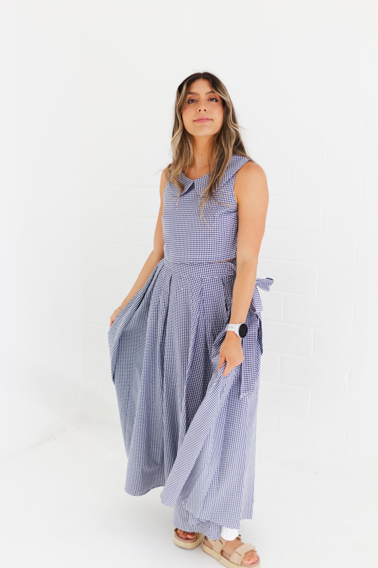Navy Sleeveless Collar Top & Skirt Set