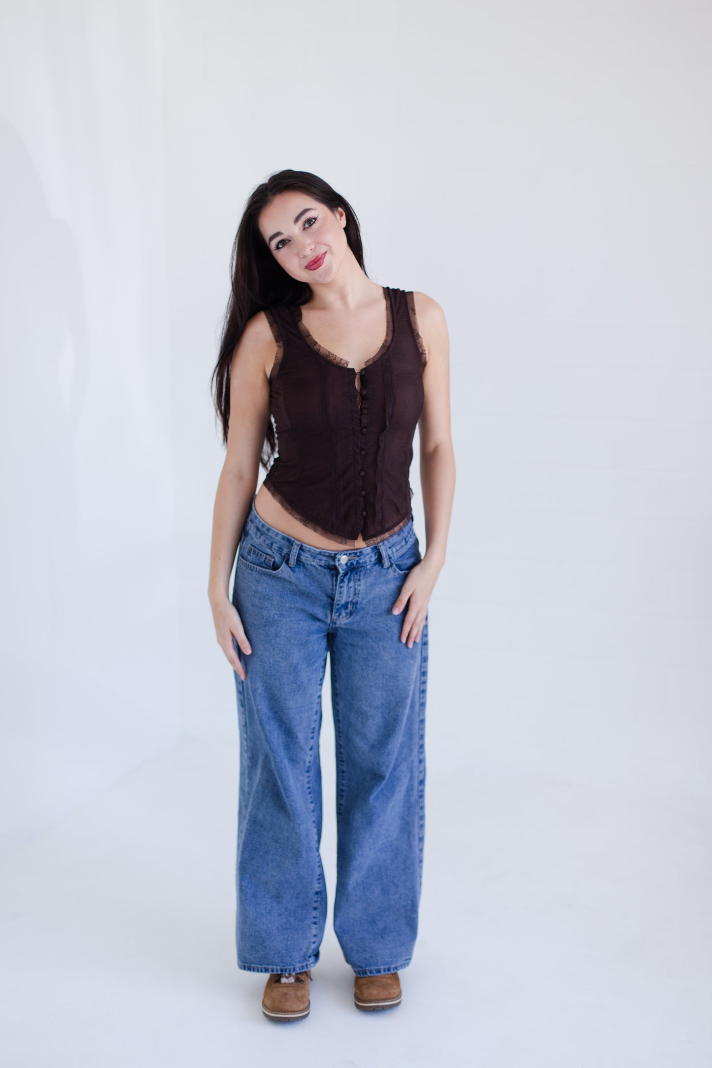 Chocolate Mesh Lace Button Down Sleeveless Top