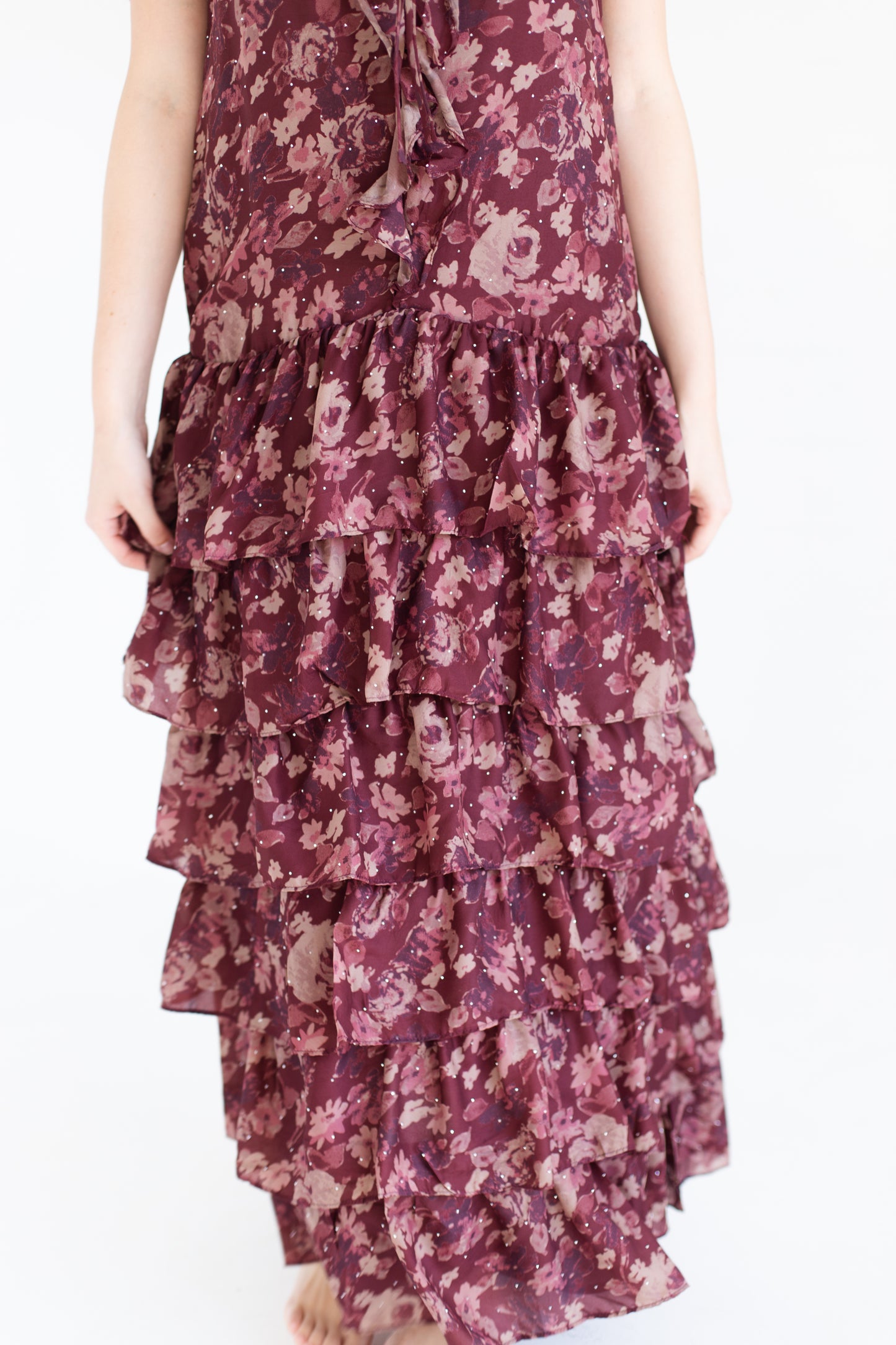Wine Floral Print Ruffle Tiered Maxi