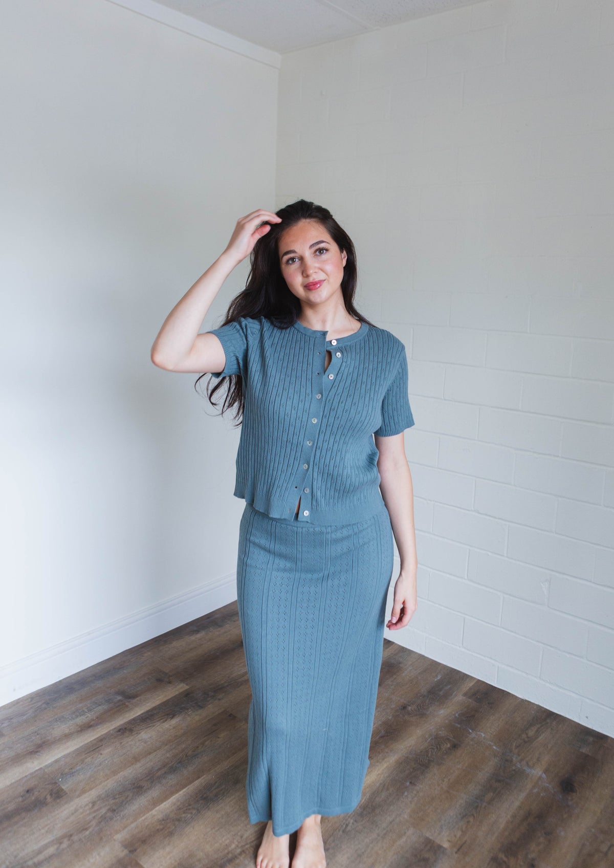 Teal Ribbed Button Top Midi Skirt Set