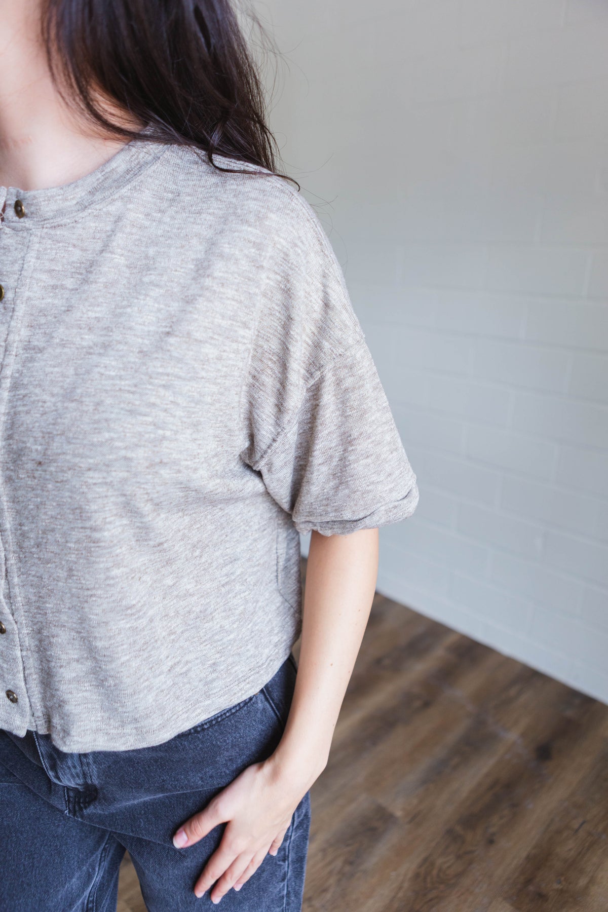 Mocha Short Sleeve Button Knit Top