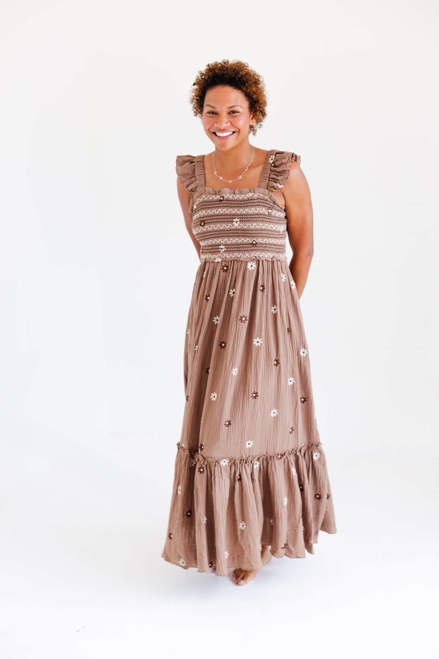 Brown Floral Embroidered Maxi Dress