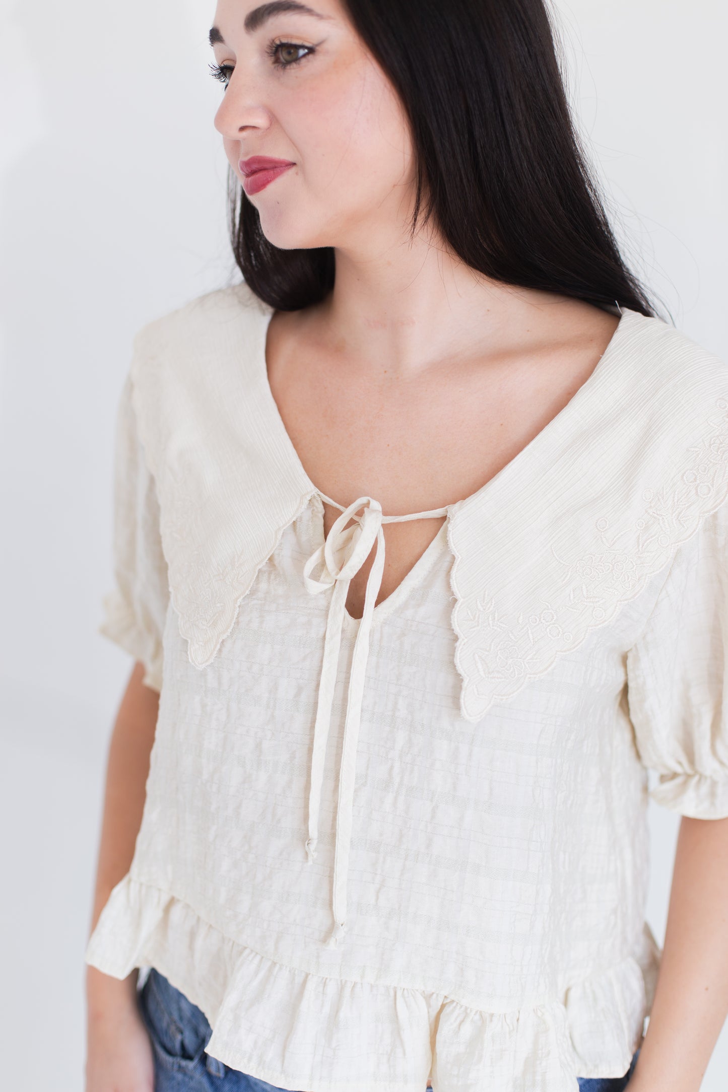 Natural Fablewood Embroidered Collar Top